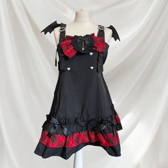 ➽Details: The front is adorned with a large bow and heart-shaped buttons, while the back has a lace-up design, allowing for a customizable fit.  Comes with a detachable tail. ➽➽Laid flat measurements: Pit to pit 36-42cm Length 86cm JP size M, would recommend a UK size 6/8, XS/S - #Halloweendress #gothicstyle #costumedress #Halloween #gothiclolita Batwing Dress, Womens Fancy Dress, Oc Inspo, Halloween Style, Gothic Halloween, Large Bow, Character Ideas, Halloween Bats, Clothing Sets