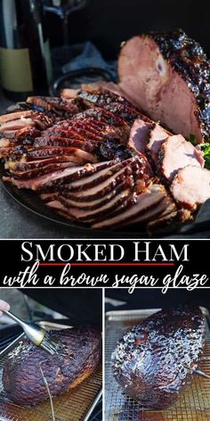 smoked ham with a brown sugar glaze on the side is shown in this collage