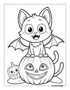 a cat sitting on top of a pumpkin with a bat in its mouth and another cat behind it