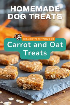 homemade dog treats carrot and oat treats on a cutting board with text overlay