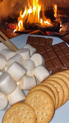 marshmallows, crackers and chocolate on a plate in front of an open fire