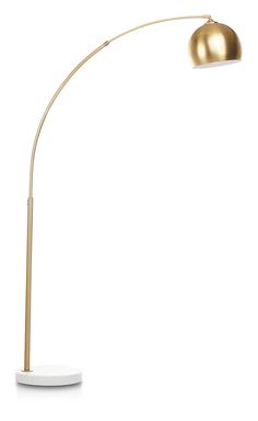 a gold and white floor lamp with a round base on an isolated surface, against a white background