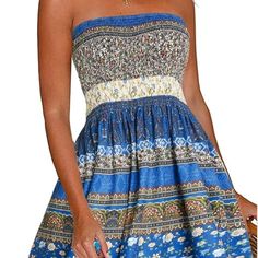 2xl Women’s Summer Dresses Beach Cover Ups Casual Vocation Strapless Boho Floral Swing Sundress (Flower Blue) Floral Print Sundress, Sleeveless Skirt, Beach Dresses Summer, Tube Top Dress, Beach Cover Ups, Dress For Summer, Mid Length Skirts, Cover Ups, Woman Beach