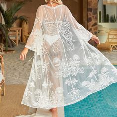 F00163584-100 Vacation Boho Maxi Dress With Lace Trim, Maxi Length Beachwear Cover-up For Brunch, Chic Lace Trim Maxi Dress For Beach, Chic White Maxi Length Cover-up, Spring Lace Trim Maxi Dress Beach Cover-up, White Flowy Cover-up For Vacation, White Sheer Beachwear Cover-up, White Cover-up For Brunch During Beach Season, Chic Lace Trim Beach Cover-up