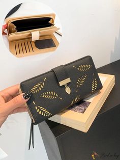 BirdinBag - Black Leaf Decor Long Wallet - Cut Out Detail with Zipper Black Clutch Wallet With Zipper Pocket, Black Large Capacity Wallet For Daily Use, Large Capacity Black Wallet For Daily Use, Check Background, Black Leaves, Leaf Decor, Word Wrap, Black Pattern, Long Wallet