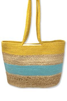 The Sunny Tote adds a cheerful, bold statement to your summer style. With soft cotton rope handles and a spacious interior, it’s designed for both comfort and practicality. The ivory canvas lining makes cleaning a breeze, while the internal zippered pouch and quick-access pockets keep your essentials (like your phone and sunglasses) organized. The additional zipper at the top ensures NOTHING will fall out of this bag. Even if you’re doing somersaults with it. Handmade by artisans in India, this Vacation Cotton Shoulder Bag With Adjustable Strap, Spring Vacation Canvas Shoulder Bag, Spring Jute Beach Bag With Leather Handles, Casual Beach Bag With Leather Handles For Spring, Casual Yellow Woven Beach Bag, Spring Cotton Canvas Bag With Adjustable Strap, Spring Vacation Cotton Shoulder Bag, Cotton Shoulder Bag For Daily Use At Beach Season, Yellow Canvas Bag For Spring Travel