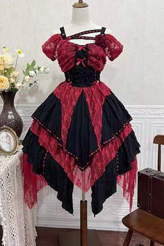 Red/Black Sleeveless High Waisted Print Irregular Gothic Lolita Jsk Dr – LolitaInside Red And Black Clothes Aesthetic, Red And Black Clothes, Red Dress Ideas, Red Gothic Dress, Black And Red Dress, Red And Black Dress, Red And Black Outfits, Red Black Dress, Style Gothic