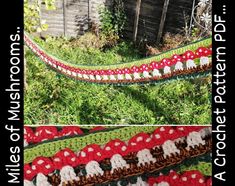 crocheted elephants and mushrooms are on the grass next to a hammock