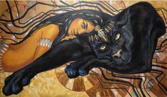 a painting of a woman and a black cat with long hair on it's back