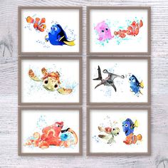 four framed pictures of different cartoon characters on white wood background with text that reads, finding nemo