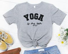 *please note: apparel brand may differ from picture*Yoga lover shirt The adult t-shirt is a unisex shirt hence it will have a looser fit. The order needs to be made individually Select the size , add to cart and then return to this page and order another one again please check the size chart in the photos section and choose the one that fit best. In case of doubt, choose a size up Please note that it will take 3-7 business days for me to process the order and another 3 to 5 business days to deli Sporty Yoga T-shirt With Letter Print, Comfortable Gym T-shirt With Letter Print, Relaxed Fit Yoga T-shirt With Letter Print, Comfortable Athleisure T-shirt With Letter Print, Comfortable Athleisure Letter Print T-shirt, Athleisure T-shirt With Letter Print And Comfortable Fit, Comfortable Pre-shrunk Workout T-shirt, Gray Pre-shrunk Tops For Workout, Cotton Short Sleeve Activewear For Yoga