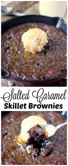 baked caramel skillet brownies with ice cream on top