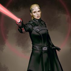 a drawing of a woman with a red light saber in her hand