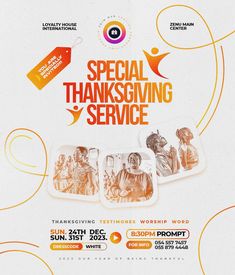 a flyer for a thanksgiving service with three people on it and the words, special thanksgiving service