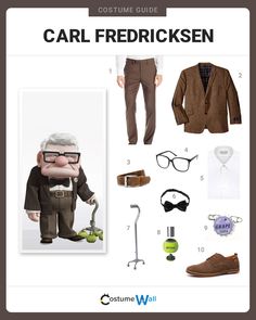 the costume guide for carl freiricksen is shown in this image, and it shows