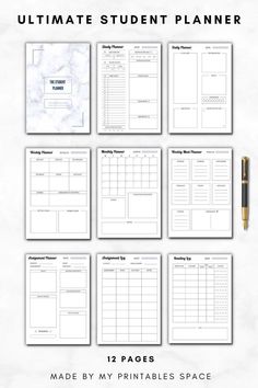 the ultimate printable student planner is shown in white marble with black ink and gold pen