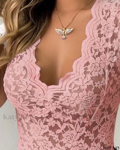 KatyKey - Lace-Embellished V-Neck Bodysuit with Crochet Detailing Stylish Crochet, Crochet Buttons, V Neck Bodysuit, Casual Rompers, Lace Neckline, Floral Decoration, Crochet Details, V Neckline, Lace Bodysuit