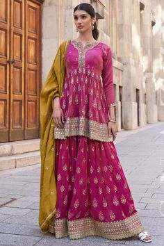 Rani Pink Embroidered Shimmer Designer Sarara Kameez Pink And Mustard, Salwar Suits Party Wear, Designer Salwar Kameez, Partywear Dresses, Sharara Set, Salwar Kameez Designs