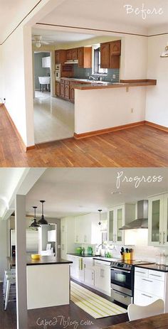 before and after pictures of a kitchen remodel with white cabinets, wood floors, and stainless steel appliances