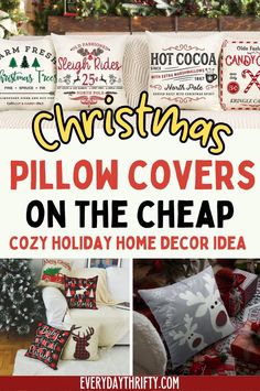 christmas pillow covers on the cheap, cozy holiday home decor idea with text overlay