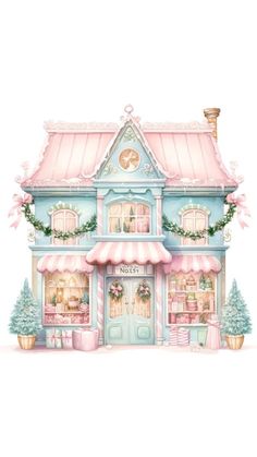 a watercolor drawing of a pink and blue house with flowers on the front door