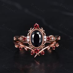 Onix Engagement Ring, Black Onyx Engagement Ring Vintage, Black And Red Engagement Ring, Garnet Engagement Ring Gold, Vintage Wedding Ring Set, Vintage Ring Stack, Bezel Engagement Ring Set, Red Wedding Ring, Art Deco Engagement Ring Vintage