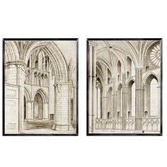 two black and white drawings of cathedrals