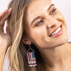 Step into the sun-soaked vibes with the Paige Ascending Blocks Fringe Earrings in St. Tropez! Navy, Ivory, Rose Pink, and Poppy hues blend seamlessly in this chic and bohemian design. The ascending block fringe adds movement and style, making these earrings a fabulous choice for both casual and dressy occasions. --DETAILS-- 3.25" L, 1.10" W Handmade by skilled artisans in India Hypoallergenic nickel + lead-free brass hardware These accessories are made by human hands. A slight variation in size Summer Beach Jewelry With Beaded Fringe, Summer Beaded Fringe Chandelier Earrings, Summer Beaded Fringe Dangle Earrings, Summer Beaded Tassel Drop Earrings, Summer Beach Chandelier Earrings With Dangling Beads, Summer Beaded Fringe Drop Earrings, Summer Beaded Drop Earrings With Ear Wire, Summer Beaded Fringe Jewelry, Elegant Beaded Earrings For Beach In Summer