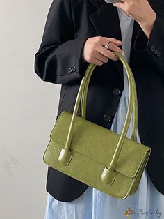 BirdinBag - Olive Green PU Flap Baguette: Elegant and Stylish Green Rectangular Baguette Bag For Travel, Classic Green Handheld Shoulder Bag, Green Rectangular Baguette Bag For Daily Use, Green Square Baguette Bag For Travel, Elegant Green Shoulder Baguette Bag, Elegant Green Baguette Shoulder Bag, Green Rectangular Baguette Bag For Office, Everyday Green Rectangular Baguette Bag, Versatile Green Baguette Bag For Daily Use