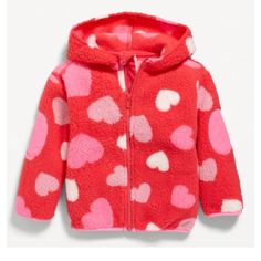 Cute And Cozy Sherpa Jacket Adorned In Hearts Just In Time For Valentines Day! Casual Warm Outerwear For Playtime, Cozy Warm Red Outerwear, Playful Fleece Outerwear For Fall, Playful Winter Fleece Outerwear, Cute Pink Fleece Outerwear, Playful Long Sleeve Fleece Outerwear, Playful Winter Outerwear With Pockets, Fleece Outerwear For Winter Playtime, Cute Fleece Outerwear For Winter