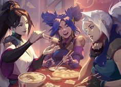 three women sitting at a table with food and chopsticks in front of them