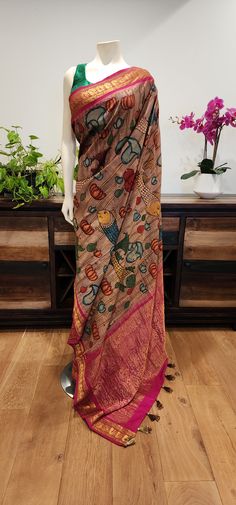 Beautiful Pen Kalamkari/ Hand Drawn Gadwal Saree collection, blouse to be customized. Product ships immediately within US. Blouse can take 2-3 weeks Multicolor Handloom Tussar Silk Pre-draped Saree, Designer Multicolor Tussar Silk Pre-draped Saree, Multicolor Silk Kalamkari Pre-draped Saree, Multicolor Silk Pre-draped Saree With Kalamkari Print, Bollywood Style Pre-draped Saree With Kalamkari Print, Designer Festive Pre-draped Saree With Kalamkari Print, Pre-draped Tussar Silk Saree With Kalamkari Print, Anarkali Style Multicolor Slub Silk Pre-draped Saree, Wedding Chanderi Pre-draped Saree With Kalamkari Print