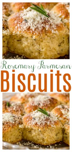 rosemary parmesan biscuits on a plate with the words rosemary parmesan biscuits