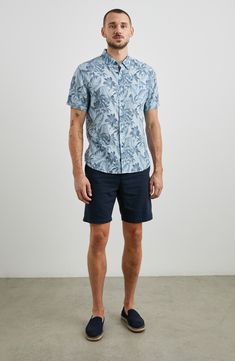 Made from a breezy linen blend, this short-sleeve button-up features a handy chest pocket and a tropical botanical print. 29 1/2" length; 44" chest Front button closure Point collar Short sleeves Chest patch pocket 55% linen, 45% viscose Curved hem Machine wash, line dry Imported Tropical Short Sleeve Button-up Shirt For Summer, Relaxed Fit Tropical Button-up Camp Shirt, Casual Tropical Print Button-up Camp Shirt, Tropical Print Button-up Shirt, Vacation Palm Tree Print Button-up Shirt, Tropical Botanical, Jungle Gardens, Short Sleeve Button Up, Eco Friendly Fabric