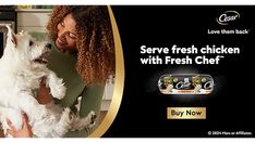 a woman holding a small white dog in her arms with the caption love them back serve fresh chicken with fresh chef