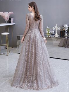 Winter Prom V-neck Evening Dress, A-line Sequined Dress For Banquet, Winter Wedding Floor-length Dress, Winter Formal V-neck Evening Dress, Sequin V-neck Wedding Dress, V-neck Winter Formal Evening Dress, Sequin V-neck Dress For Wedding, Long Sleeve V-neck Evening Dress, Winter Evening V-neck Dress