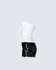 The star has arrived 🖤 Pairing a cutesy white lace top with a glam black sequin mini skirt, this two-piece set is truly the best of both worlds 🤩 Fitted Contrast Sequin Summer Mini Skirt, White Sequined Mini Skirt For Party, White Mini Skirt With Sequins For Party, White Mini Dress With Contrast Sequin For Night Out, Summer Evening Mini Skirt With Contrast Sequin, Glamorous White Mini Skirt For Party, White Mini Skirt For Night Out And Party Season, Glamorous White Mini Skirt For Summer, Elegant White Sequined Mini Skirt