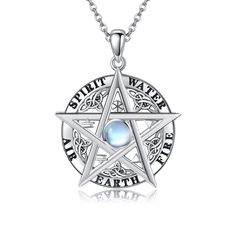 a silver pentagramil necklace with the words spirit water on it