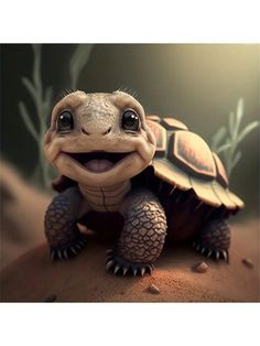 a small turtle sitting on top of a sandy ground