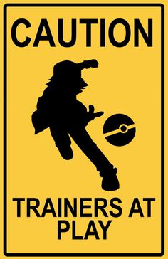 a caution sign that says, trainers at play with a black silhouette of a person on a skateboard