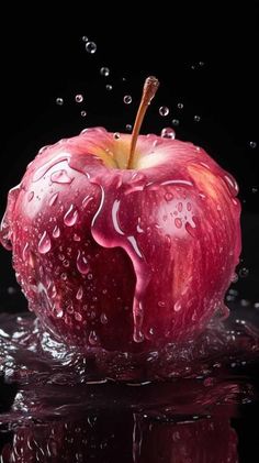 an apple with water splashing on it