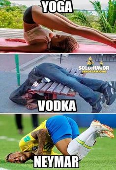 two pictures with the same person doing yoga and vodka in front of an empty bench