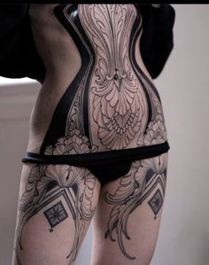 Geometric Tattoo Stomach, Body Piece Tattoo, Symmetrical Body Tattoos, Body Suit Tattoo Woman, Art Deco Tattoo Sleeve, Rebellious Tattoos, Body Contour Tattoo, Full Buttcheek Tattoo Women, Whole Body Tattoo Woman