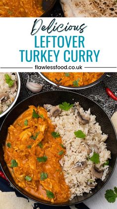 delicious leftover turkey curry recipe in a skillet with rice and garnishes