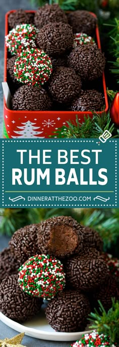 the best rum balls recipe is made with chocolate, sprinkles and christmas decorations