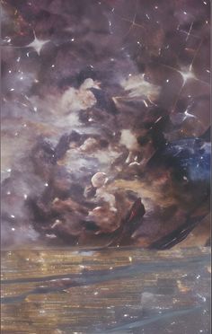 an abstract painting with stars and clouds in the sky