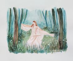 a watercolor painting of a woman in a white dress walking through the woods with her arms outstretched