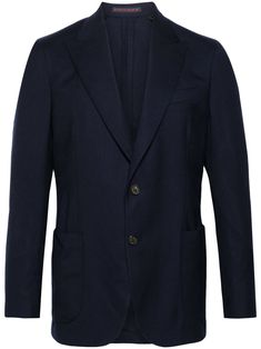 navy blue virgin wool piqué weave peak lapels front button fastening long sleeves buttoned cuffs chest welt pocket two side patch pockets unlined English rear vents straight hem Blazer Blue, Colored Blazer, Welt Pocket, Mens Suits, Single Breasted, Blazer Jacket, Fashion Branding, Navy Blue, Long Sleeves