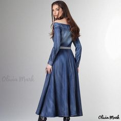 Olivia Mark - Embroidered Collar Cold Shoulder Denim Maxi Dress with Vintage Long Sleeves Long Sleeve Embroidered Denim Dress For Spring, Embroidered Long Sleeve Denim Dress For Spring, Long Sleeve Embroidered Denim Blue Dress, Embroidered Long Sleeve Denim Blue Dress, Embroidered Denim Blue Long Sleeve Dress, Long Sleeve Embroidered Denim Dress, Embroidered Long Sleeve Denim Dress, Embroidered Fitted Denim Dress, Casual Embroidered Fitted Denim Dress