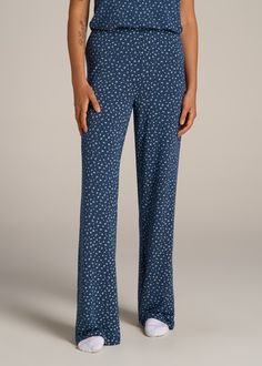 American-Tall-Women-Wide-Leg-Pajama-Pant-Blue-Ditsy-Floral-Print-front Blue Sleep Bottoms For Spring, Spring Sleep Bottoms In Blue, Blue Sleep Pants For Spring, Blue Spring Sleep Pants, Cotton Sleepwear Straight Pants, Blue Summer Sleep Pants, Blue Sleepwear For Spring, Blue Long Pants Sleepwear For Spring, Blue Wide-leg Sleep Bottoms